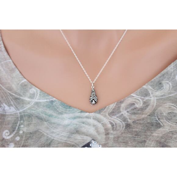 Sterling Silver Hanging Bat Pendant Necklace - Picture 4 of 4